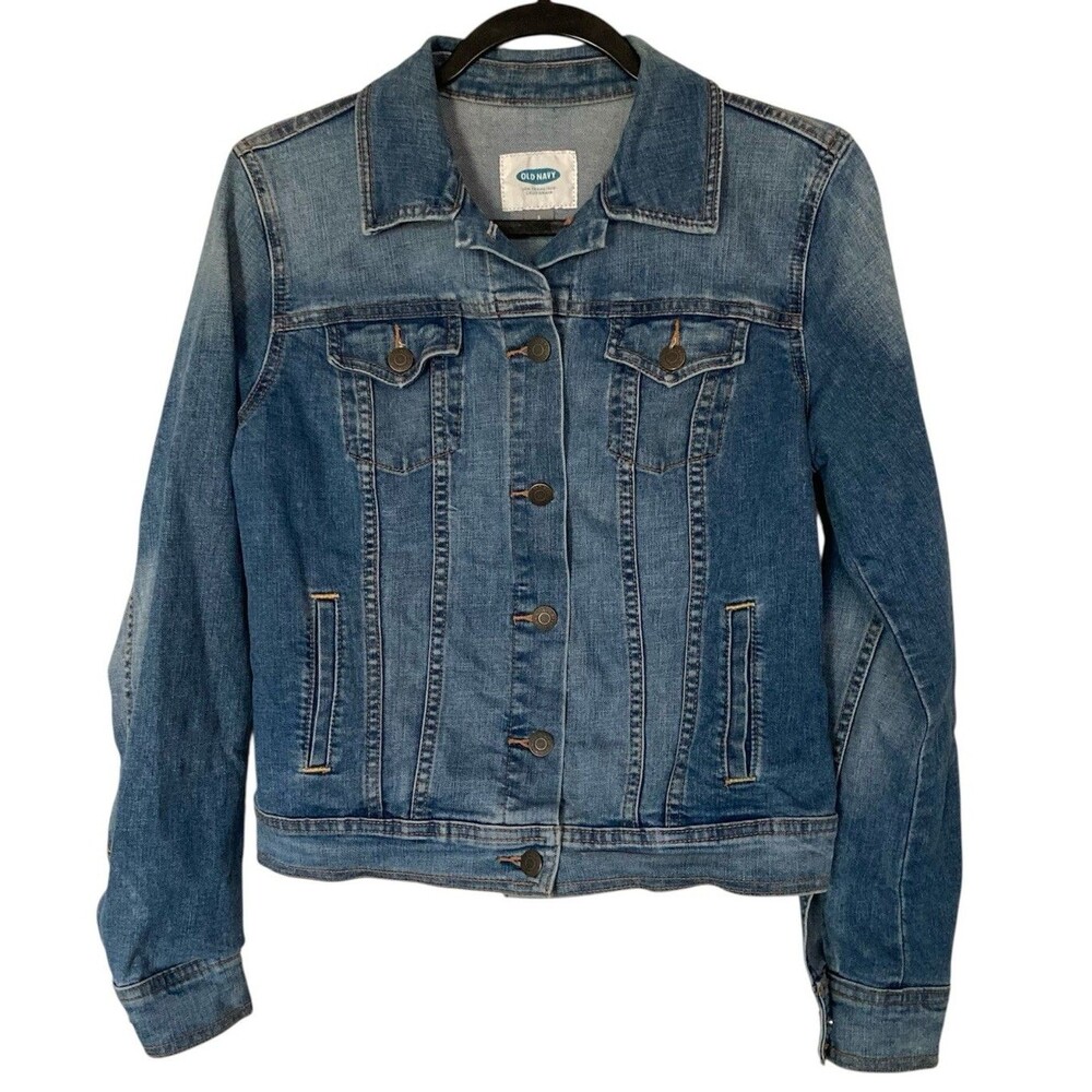Old Navy Womens Denim Jacket Small Petite Four Pocket Classic Med Wash Trucker